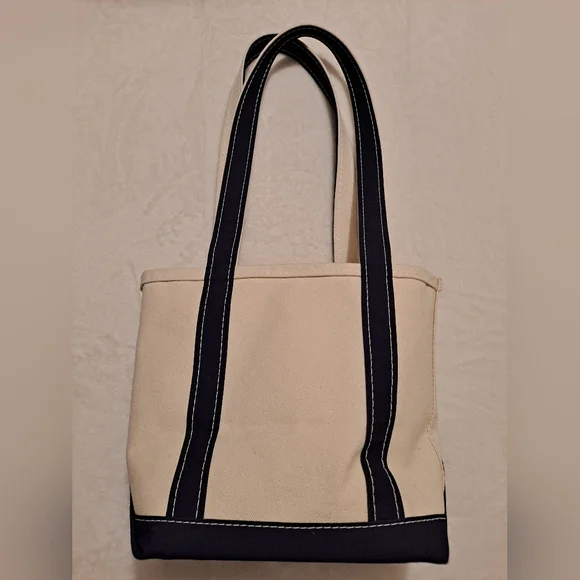 L.L. Bean Cream & Navy Blue Boat & Tote Bag Extra Long Shoulder Straps Handles - Picture 6 of 13